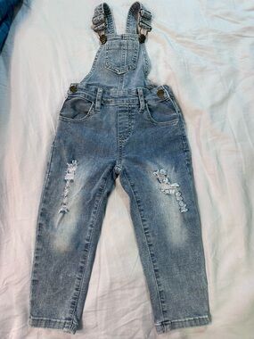 Little Bipsy Distressed Denim Overalls Light Wash Adjustable Straps 2T-3T